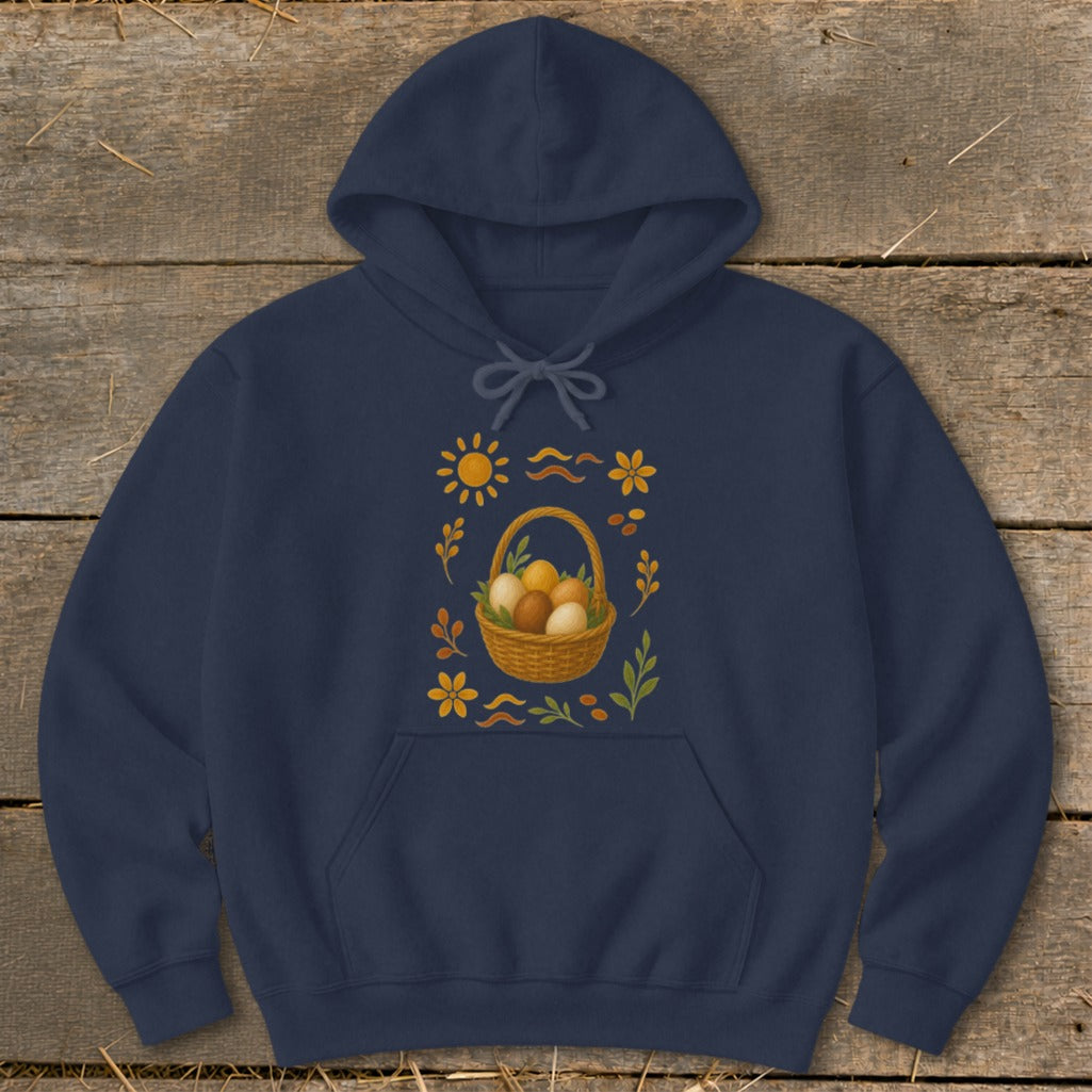 Navy hoodie with an Easter egg basket, sun, and floral design.