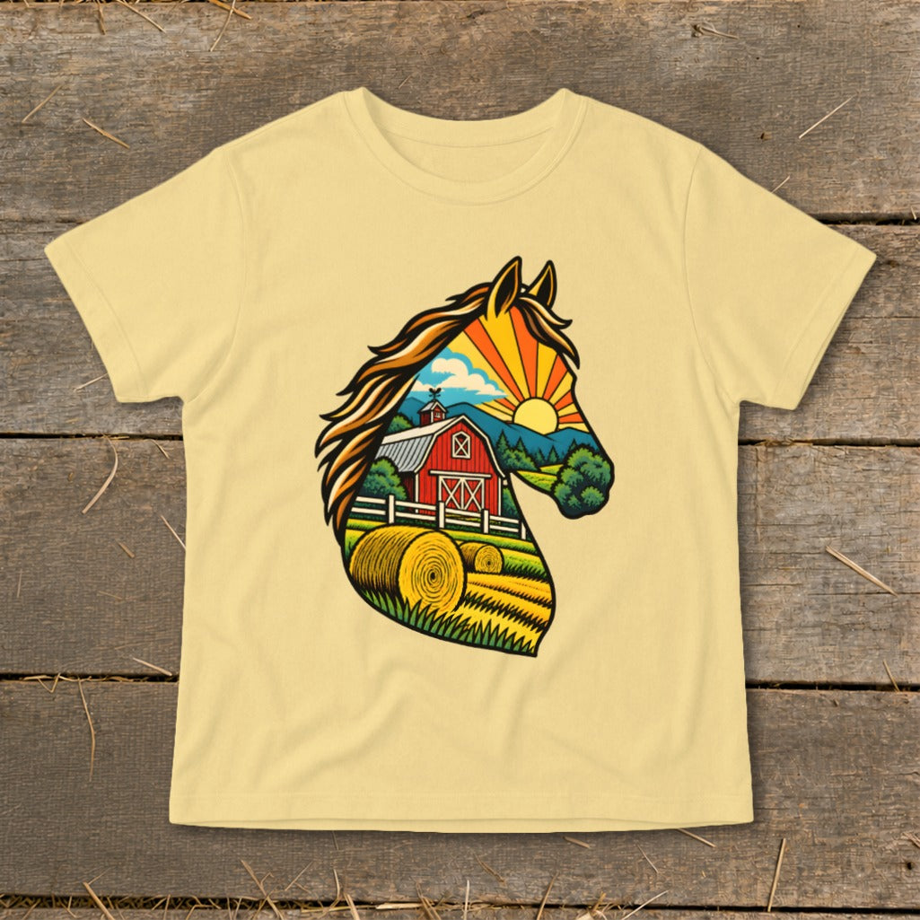 Pale yellow short-sleeved t-shirt featuring a horse head graphic filled with a rural farm scene.