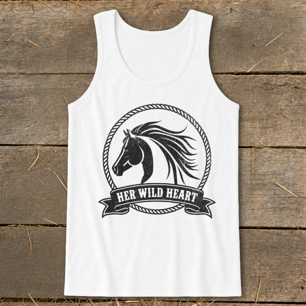 White tank top with black distressed horse head graphic and "Her Wild Heart" text.