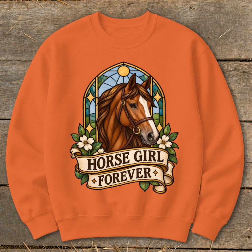 Orange sweatshirt featuring a horse head illustration with "Horse Girl Forever" banner.