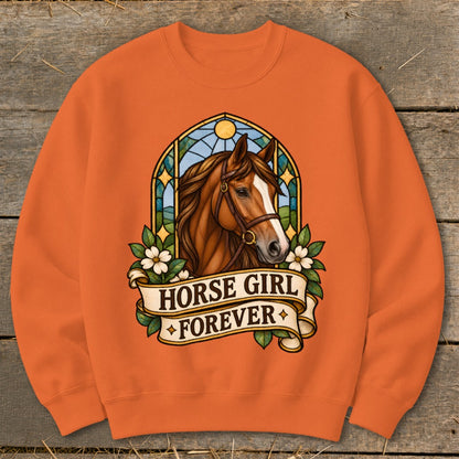 Orange sweatshirt featuring a horse head illustration with "Horse Girl Forever" banner.