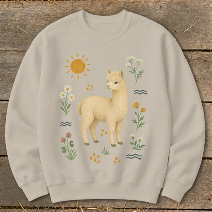 Light beige sweatshirt with a cream-colored alpaca and floral print, sun, and waves.