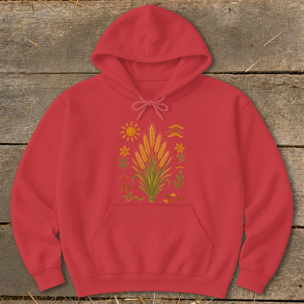 Red hoodie with a central illustration of wheat stalks, sun, and flowers.