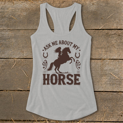 Grey tank top with "Ask Me About My Horse" graphic featuring a bucking horse and rider.