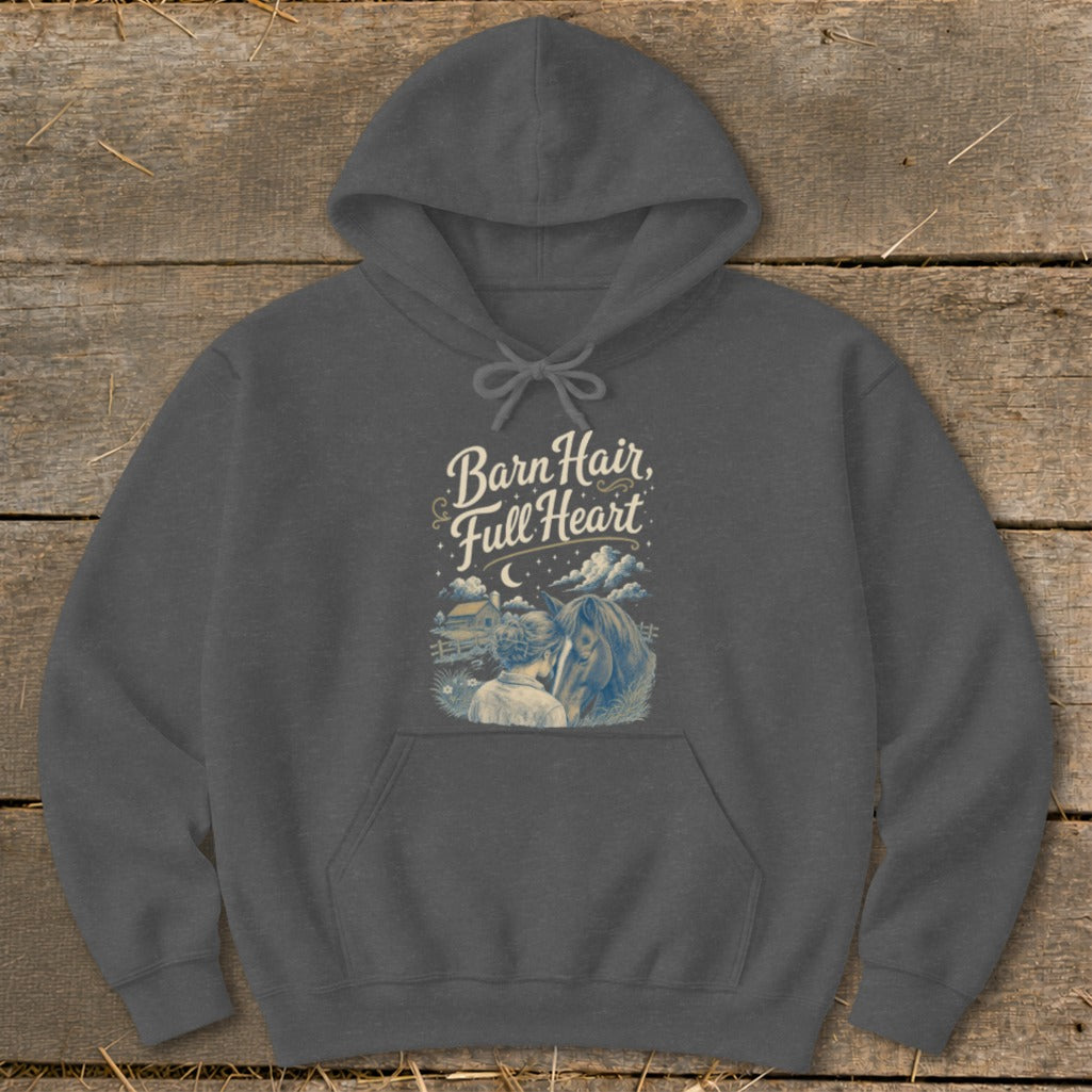 Dark grey hoodie with "Barn Hair, Full Heart" graphic featuring a person and horse.