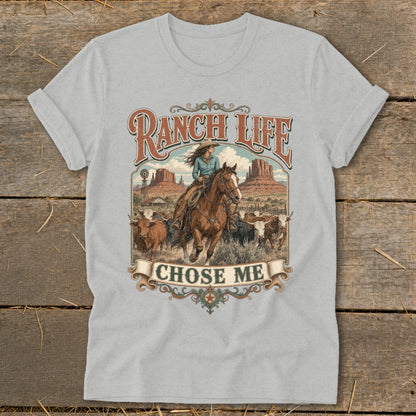 Ranch Life graphic with woman on horseback and cattle, says "CHOSE ME".