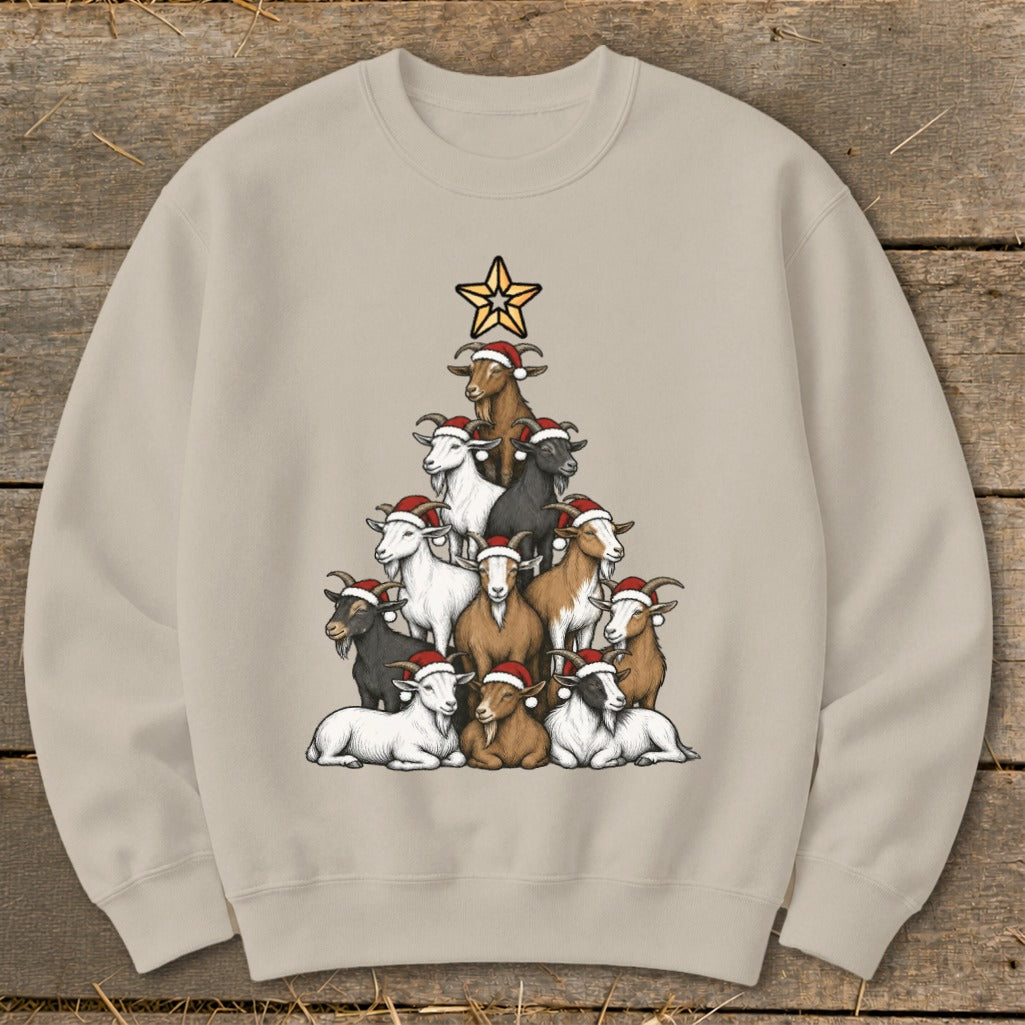 A Christmas tree made of various goats wearing Santa hats, topped with a star.