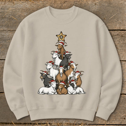 A Christmas tree made of various goats wearing Santa hats, topped with a star.