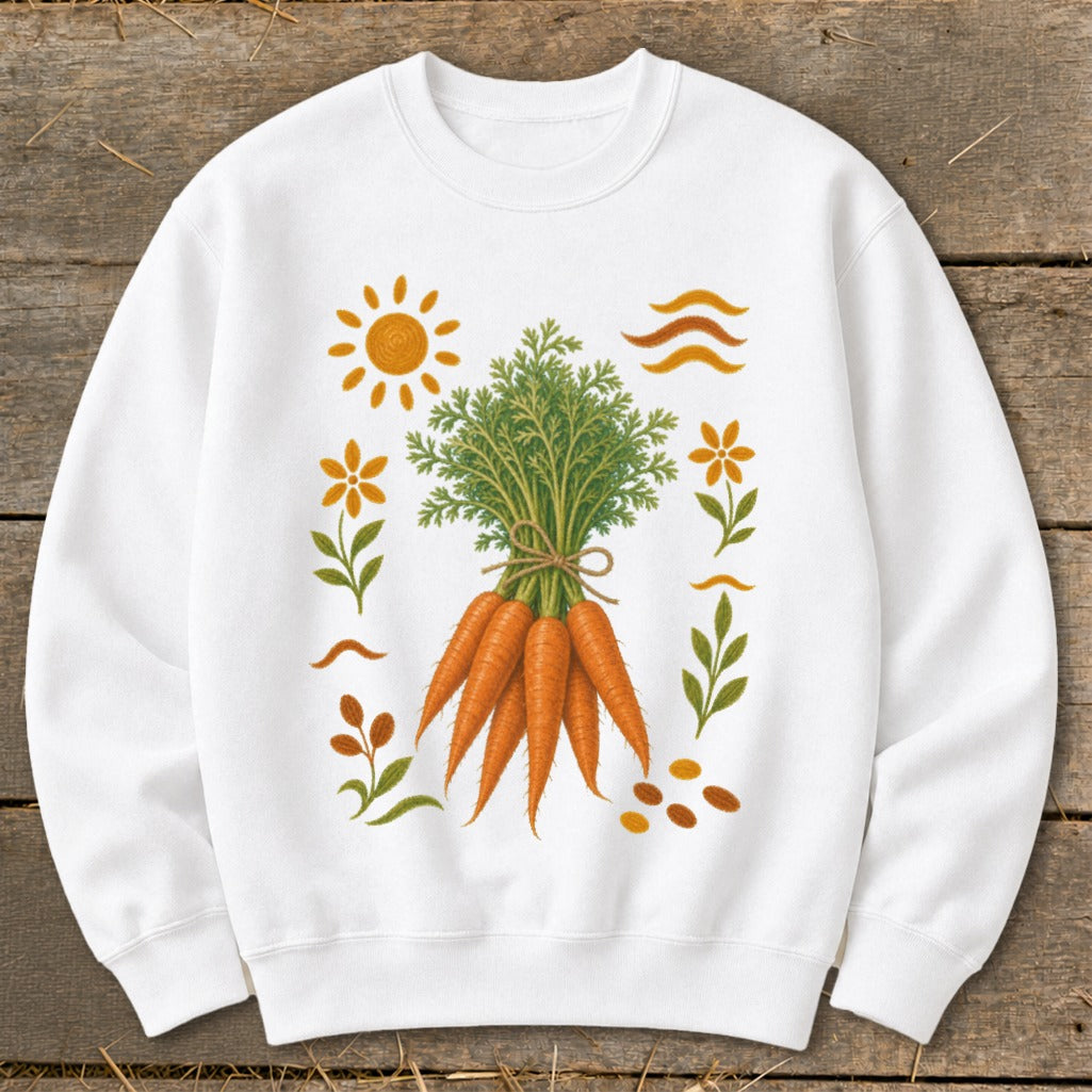 White sweatshirt with a graphic of a bunch of carrots surrounded by stylized sun, flowers, and leaves.
