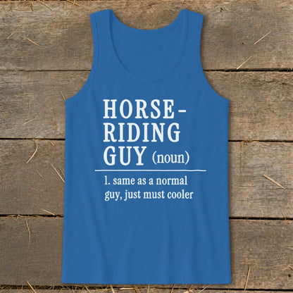 Blue tank top with white text defining "Horse-Riding Guy".