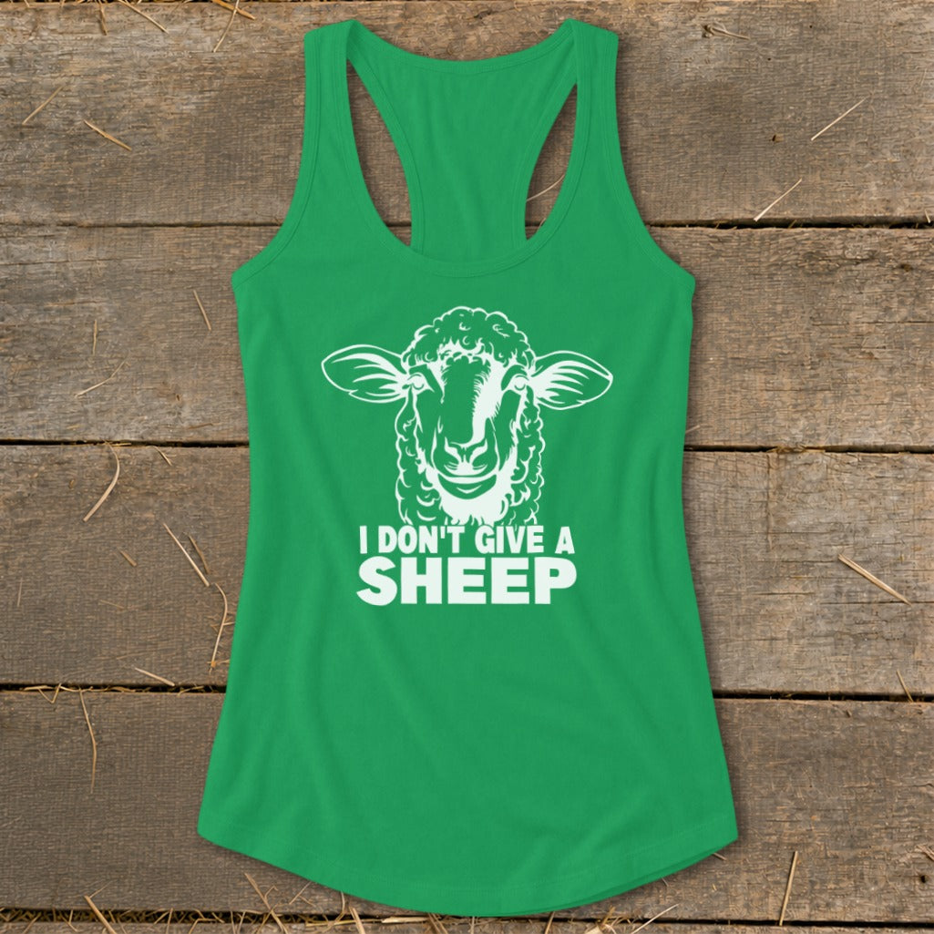 Green tank top with white graphic of a sheep's face and text: "I DON'T GIVE A SHEEP"