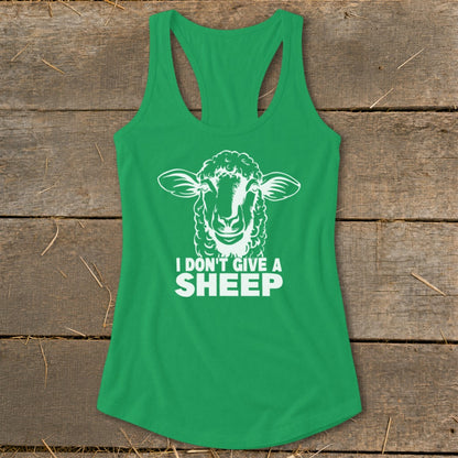 Green tank top with white graphic of a sheep's face and text: "I DON'T GIVE A SHEEP"