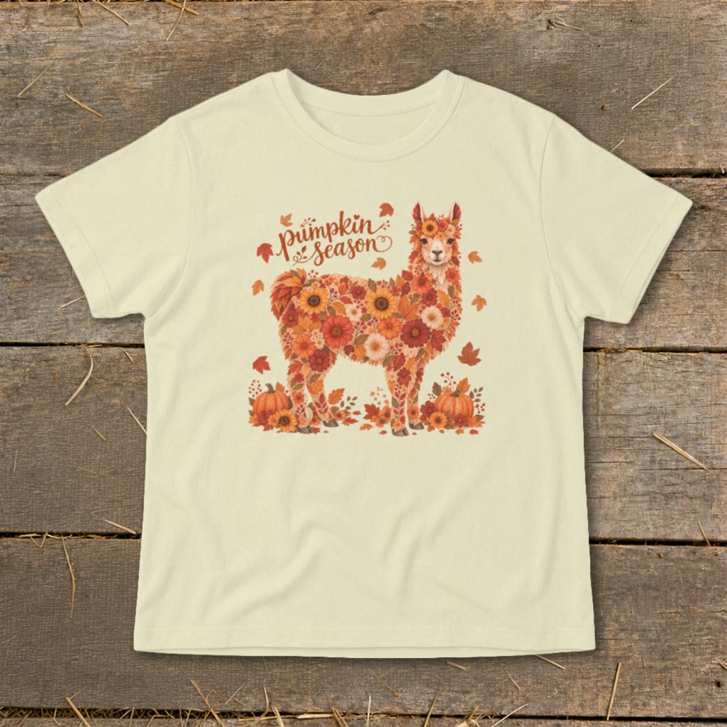 Cream t-shirt with a llama made of autumn flowers and "pumpkin season" text.