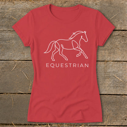 Red t-shirt with white line art of a running horse and the word EQUESTRIAN.