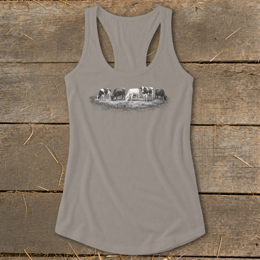 Grey tank top with a line of cows grazing on grass design.