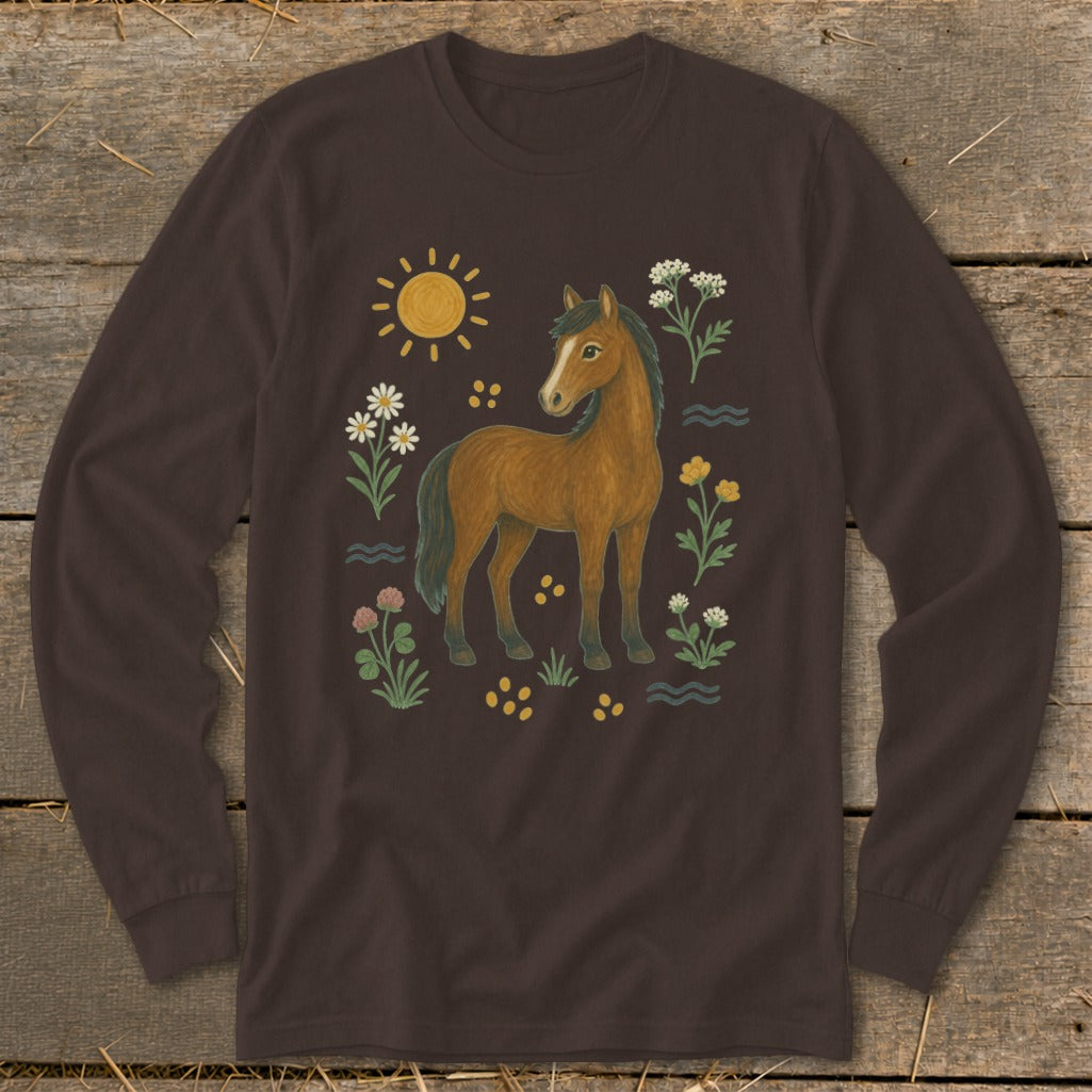 Brown long-sleeve shirt with a brown horse, sun, and floral illustrations.