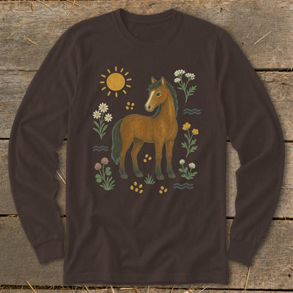 Brown long-sleeve shirt with a brown horse, sun, and floral illustrations.