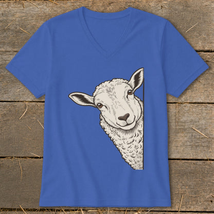 Blue v-neck t-shirt with a peekaboo sheep graphic.