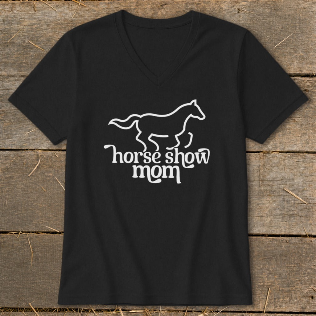 Black t-shirt with white outline of a horse and "horse show mom" text.