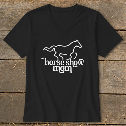 Black t-shirt with white outline of a horse and "horse show mom" text.