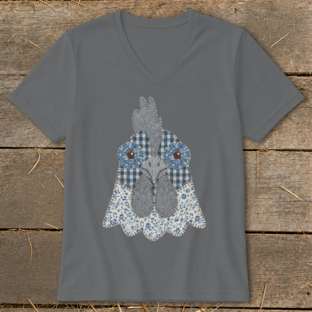 Gray v-neck t-shirt with a patchwork chicken face graphic.