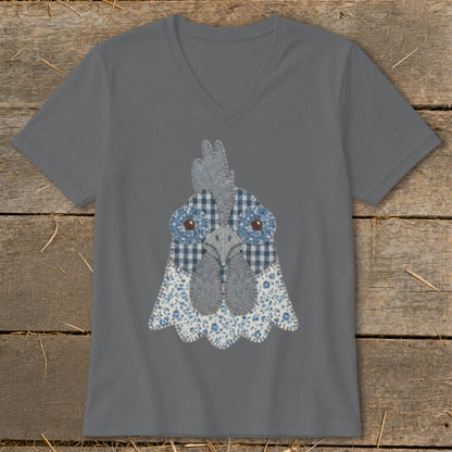 Gray v-neck t-shirt with a patchwork chicken face graphic.