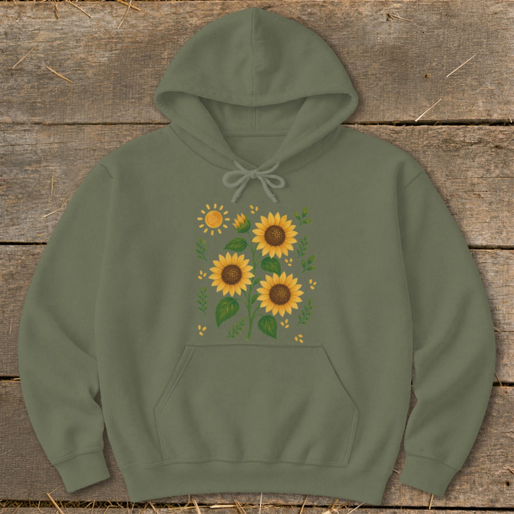 Olive green hoodie with a watercolor sunflower and sun graphic design.