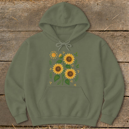 Olive green hoodie with a watercolor sunflower and sun graphic design.