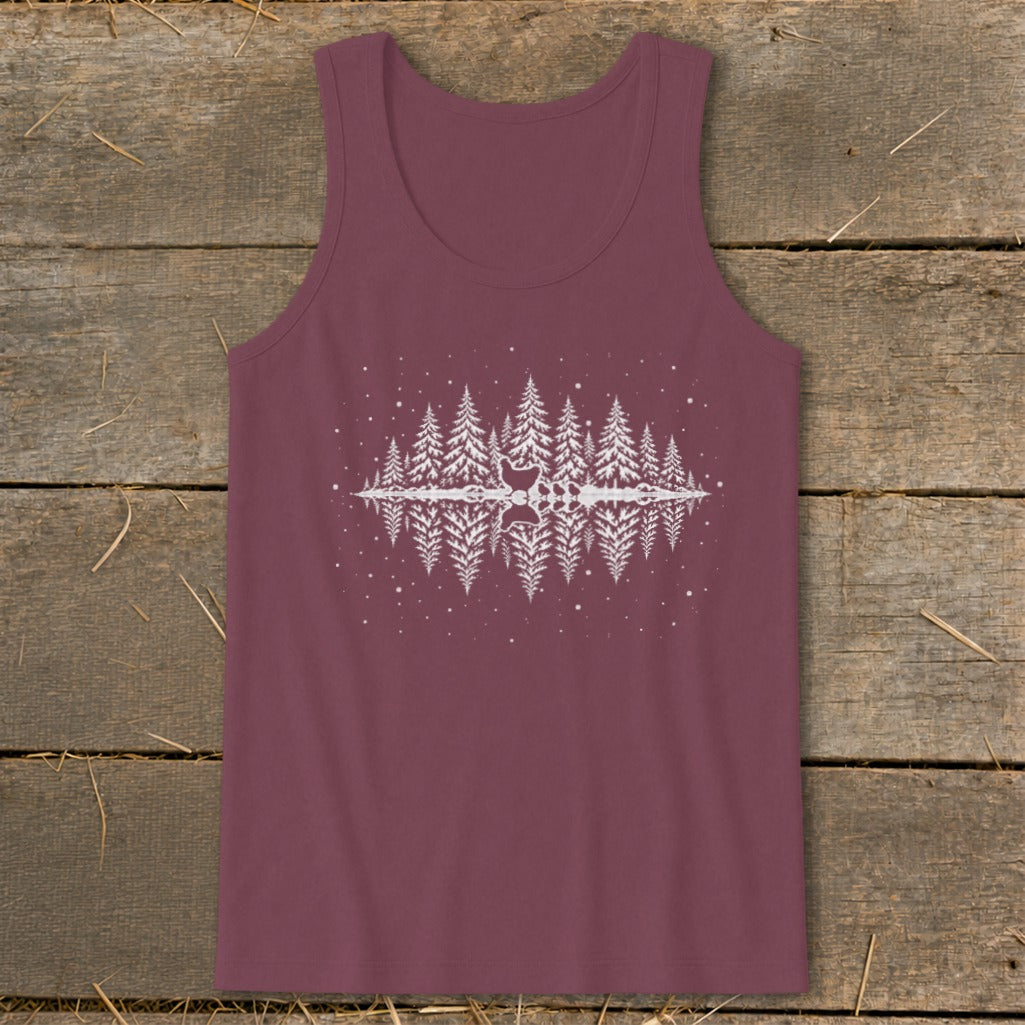 Burgundy tank top with white reflection graphic of pine trees and a deer.