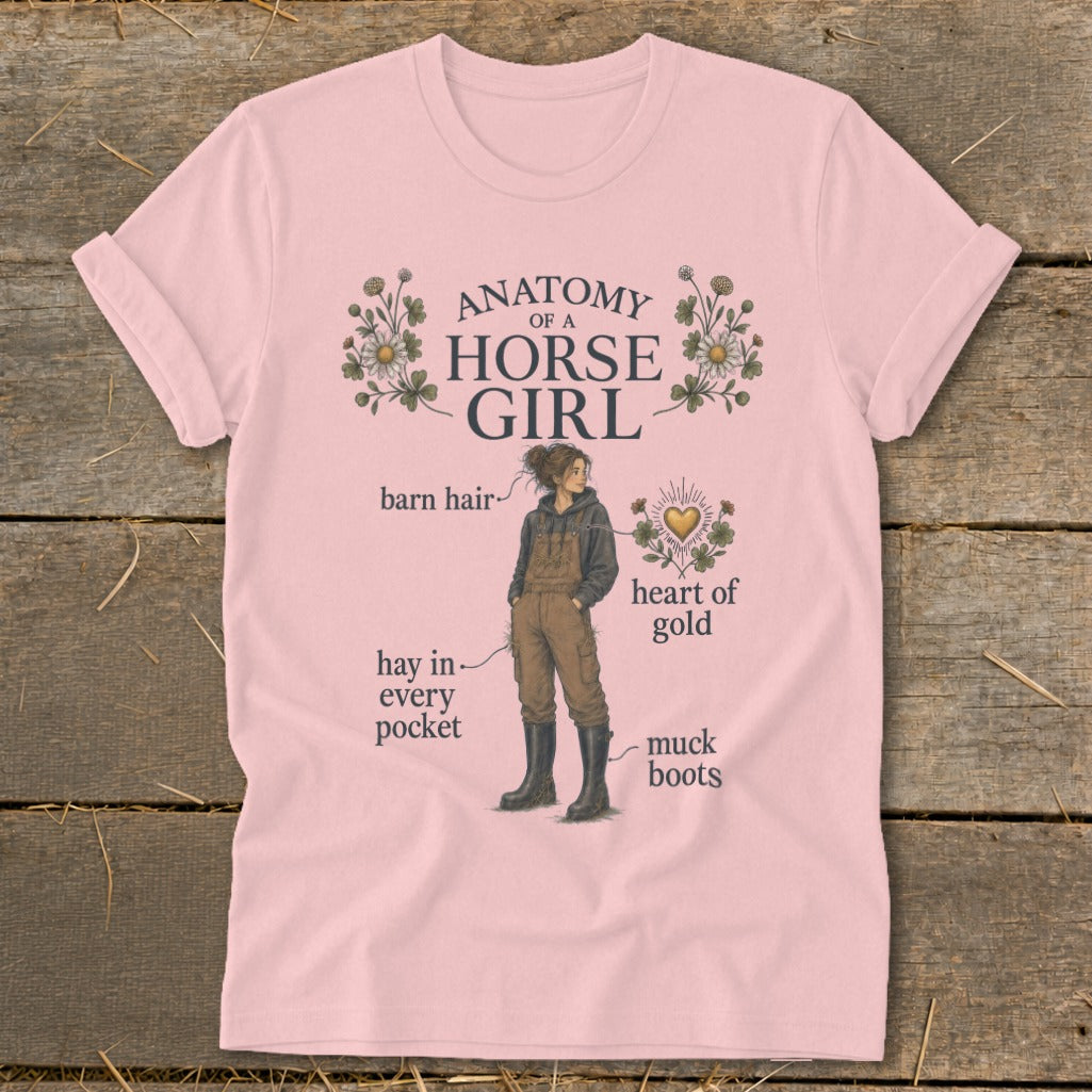 Pink t-shirt with "Anatomy of a Horse Girl" graphic and illustrated details.