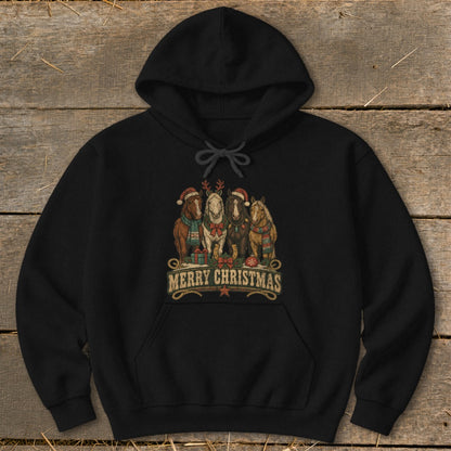 Four horses in Christmas hats and scarves with text "Merry Christmas".