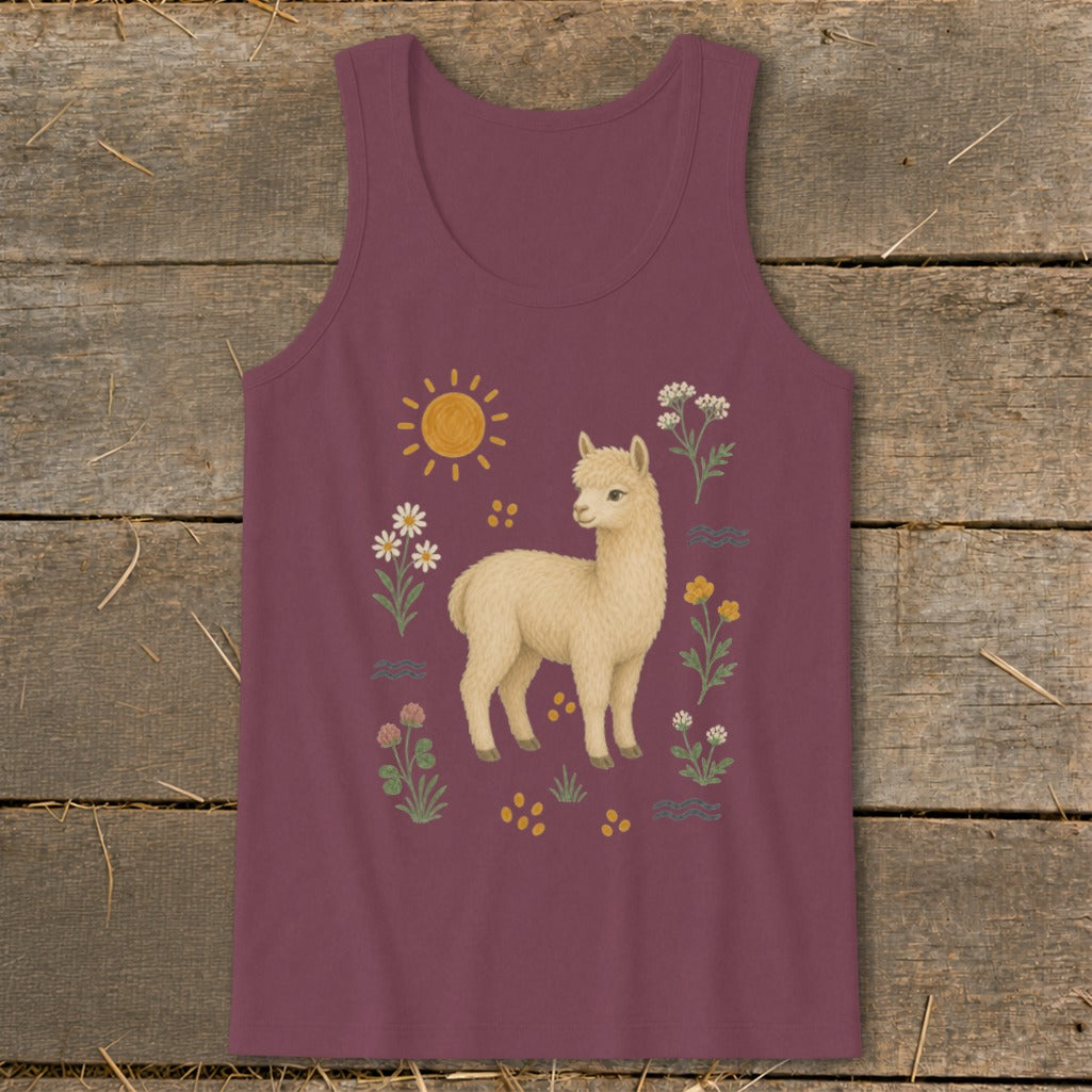 Burgundy tank top with a cream-colored alpaca surrounded by flowers, sun, and waves.