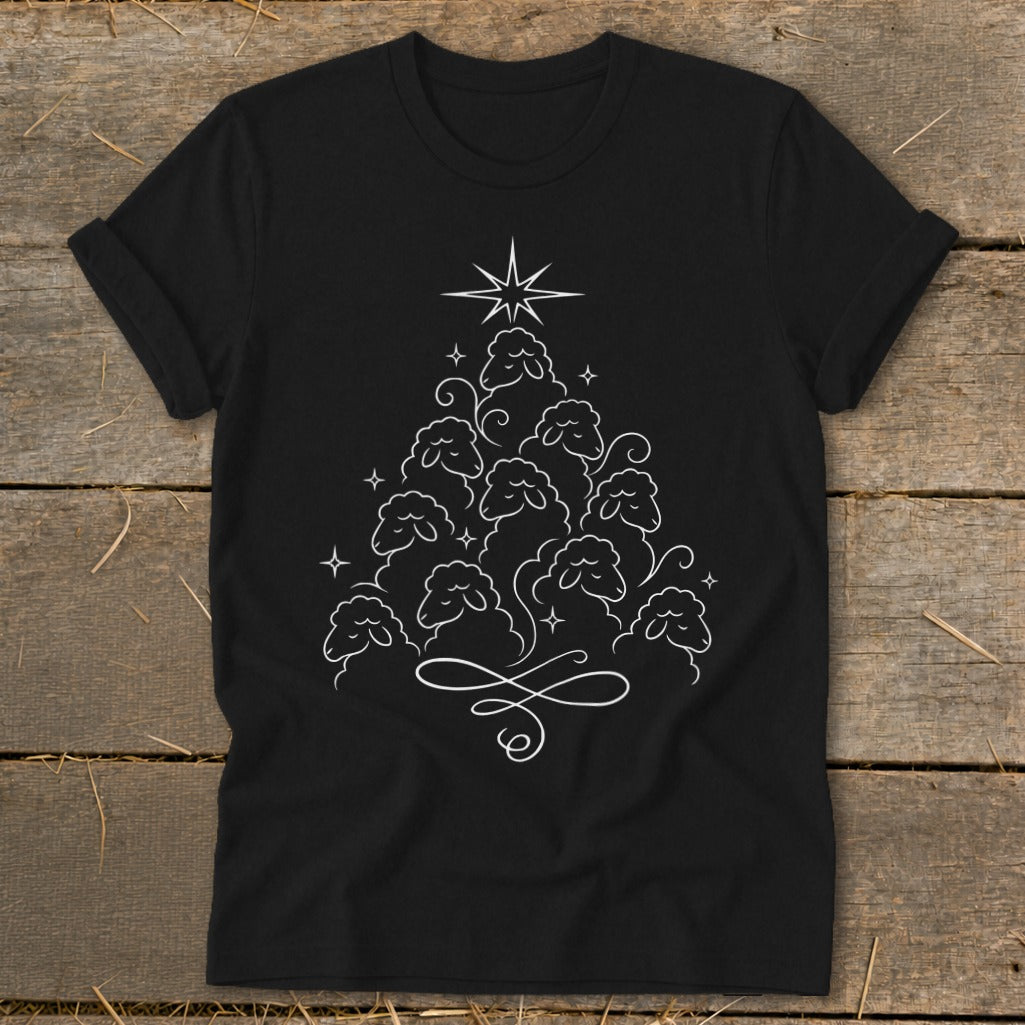 Black t-shirt with white line art Christmas tree made of sheep and a star.
