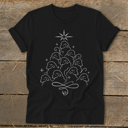 Black t-shirt with white line art Christmas tree made of sheep and a star.