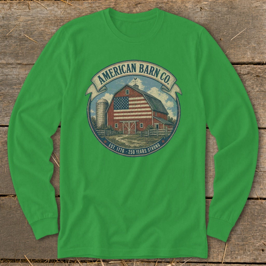 Green long-sleeve shirt with "American Barn Co." circular logo featuring a barn with an American flag.