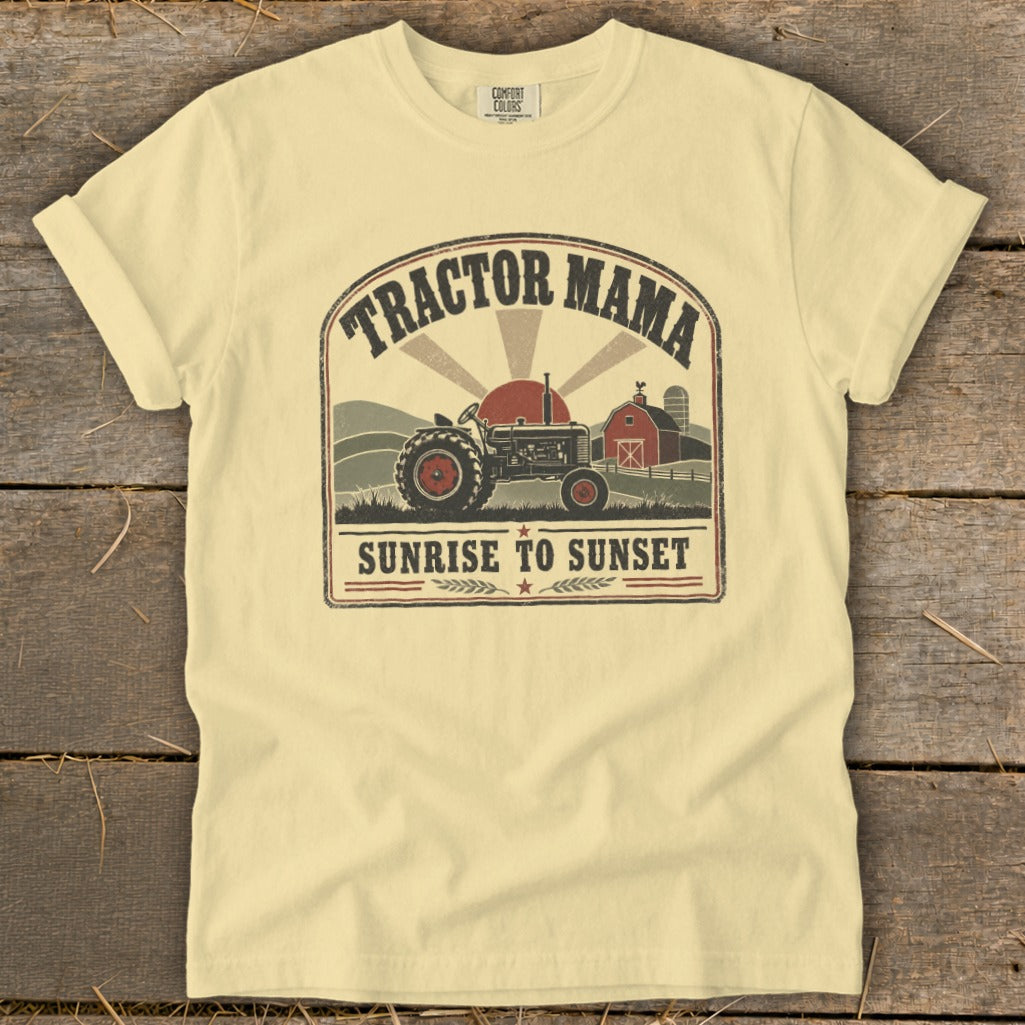 Tractor Mama text with vintage tractor, barn, and sunset graphic.