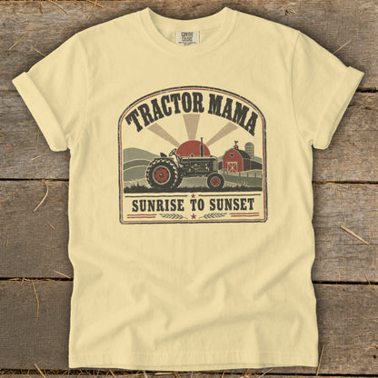 Tractor Mama text with vintage tractor, barn, and sunset graphic.