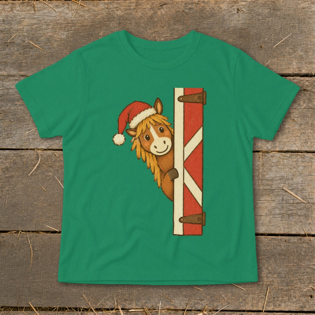 Cartoon horse wearing Santa hat peeking from behind a barn door.