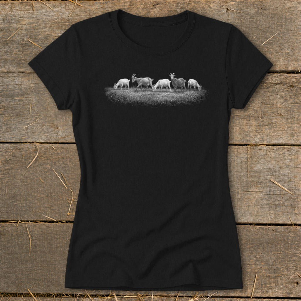 Black t-shirt featuring a white line drawing of five goats grazing in a field.