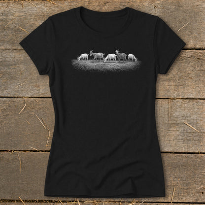 Black t-shirt featuring a white line drawing of five goats grazing in a field.