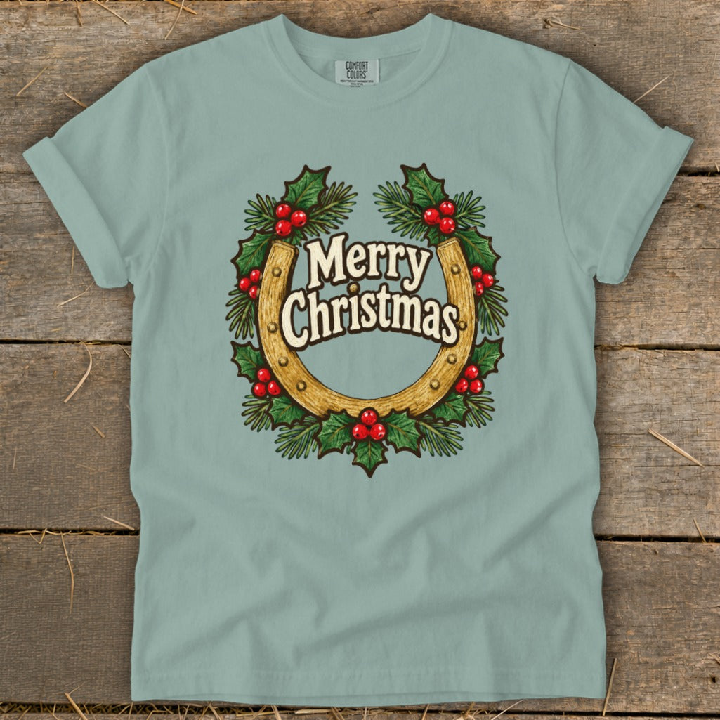 T-shirt with horseshoe wreath and "Merry Christmas" text.