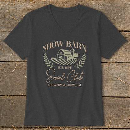 Dark gray v-neck t-shirt with "Show Barn Social Club" graphic and barn illustration.