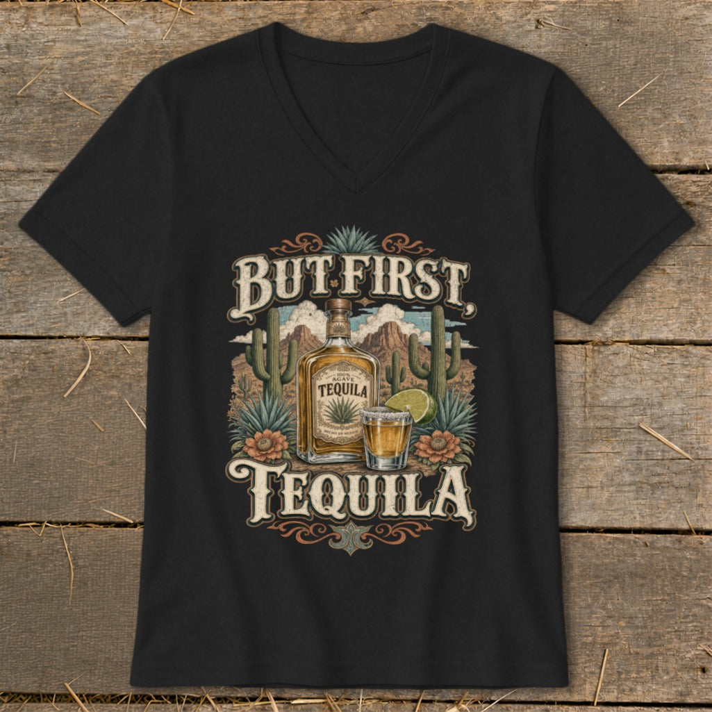 Black t-shirt with "But First, Tequila" text and desert scene graphics.