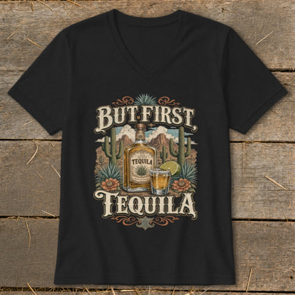 Black t-shirt with "But First, Tequila" text and desert scene graphics.