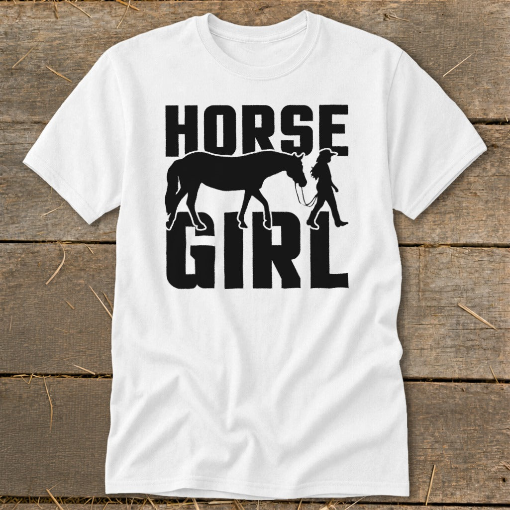 White t-shirt with black text and graphic reading "HORSE GIRL" featuring a horse and person.