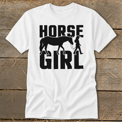 White t-shirt with black text and graphic reading "HORSE GIRL" featuring a horse and person.