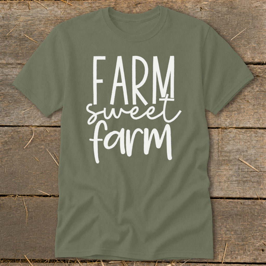 Olive green t-shirt with white "Farm sweet farm" text.