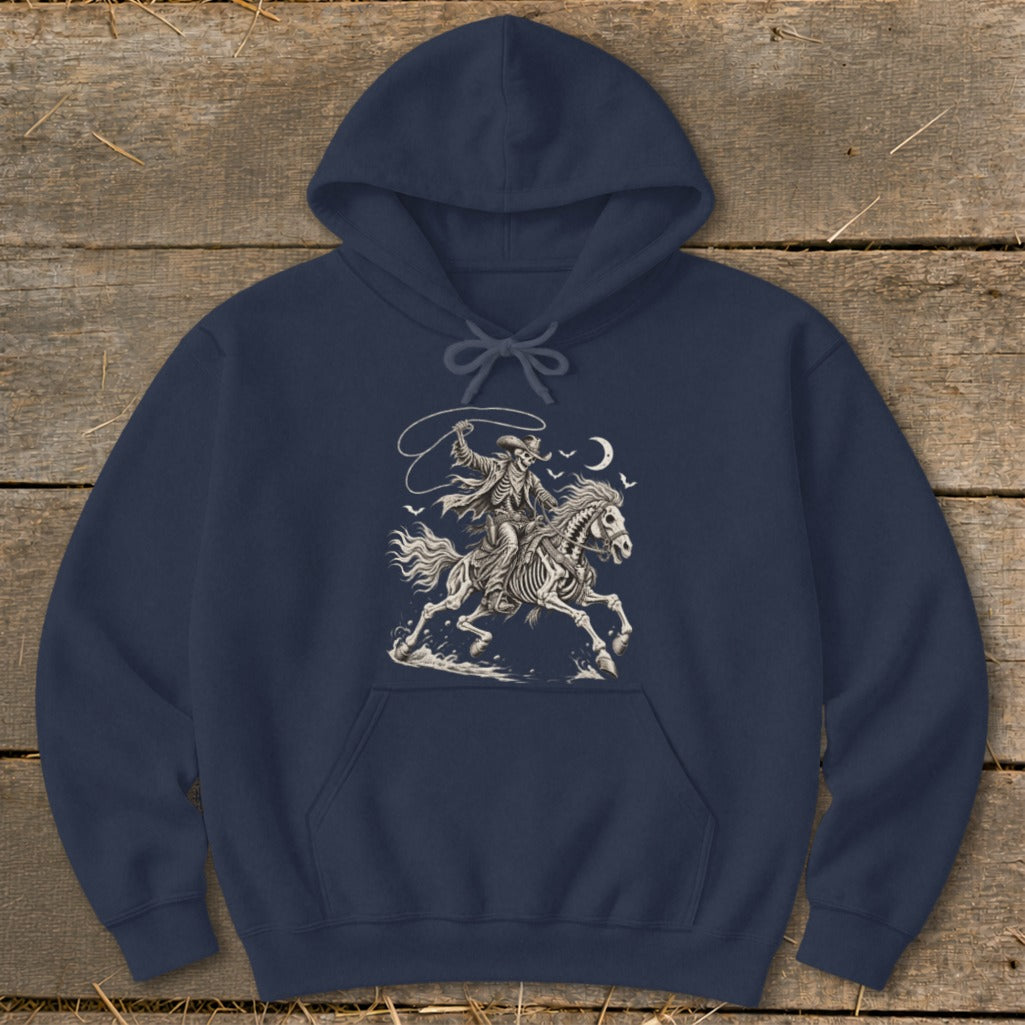 Navy hoodie featuring a skeleton cowboy on a galloping horse with a lasso.