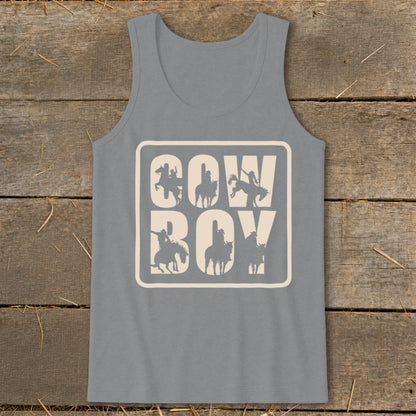 Grey tank top with "COW BOY" text and cowboy silhouette designs.
