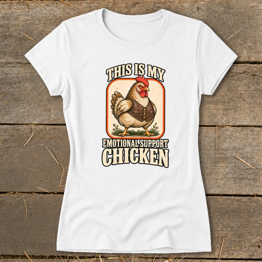White t-shirt with "This is my Emotional Support Chicken" graphic featuring a chicken in a vest.